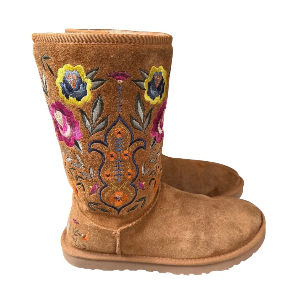UGG Juliette Floral Embroidery Chestnut Suede Women 8 Rare Vintage 1005760🔥